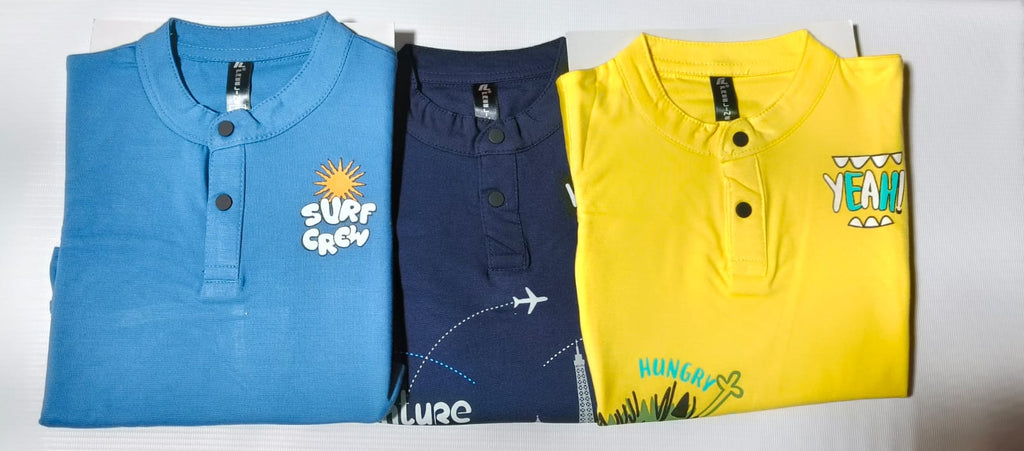 Girls and Boys Premium Front and Back Printed Y Neck Full-Sleeve T-shirts(Pack of 3 - Yellow, Blue & Navy)