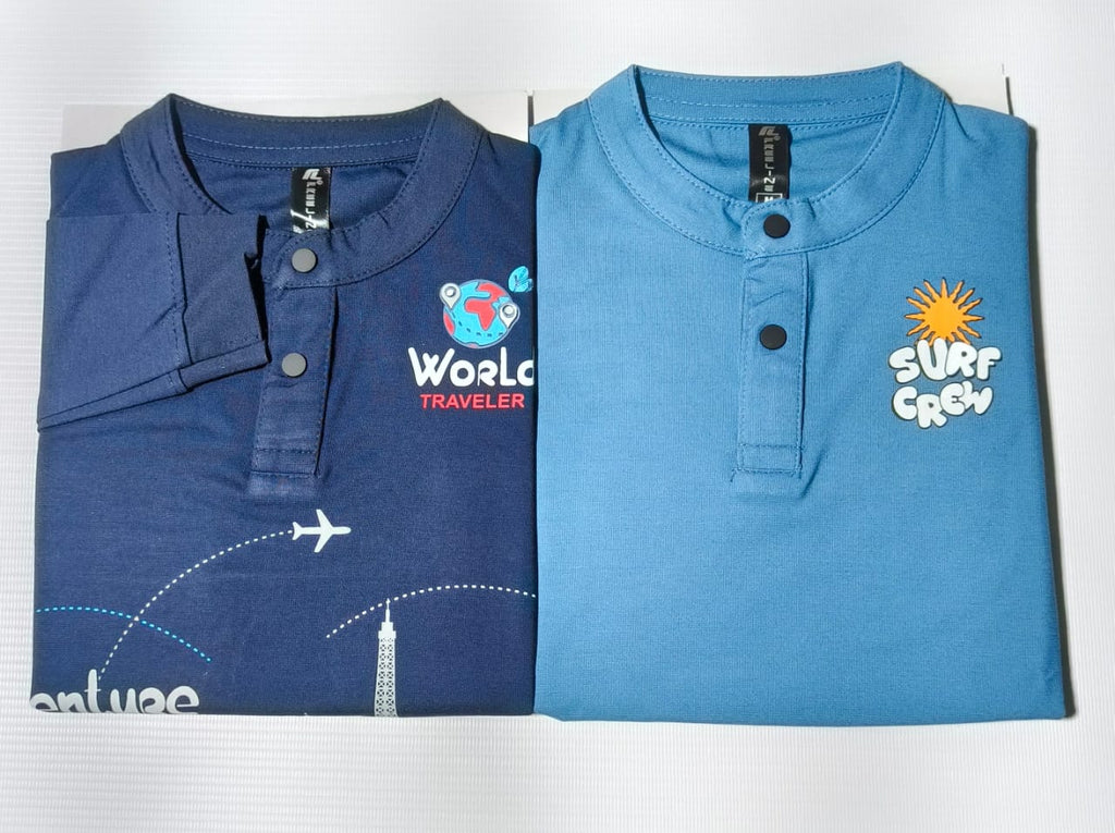 Boys and Girls Premium Front and Back Printed Y Neck Full-Sleeve T-shirts(Pack of 2 - Blue & Navy)