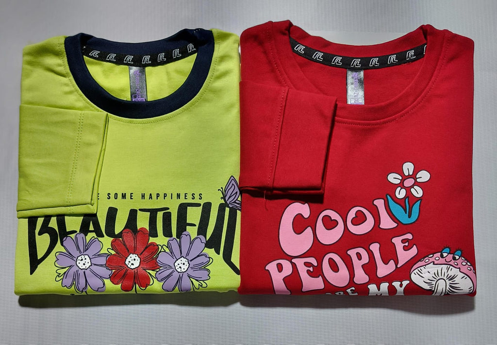 Girls Full Sleeves Regular Fit Solid Cotton T-Shirts(Pack of 2 - Red & Parrotgreen)
