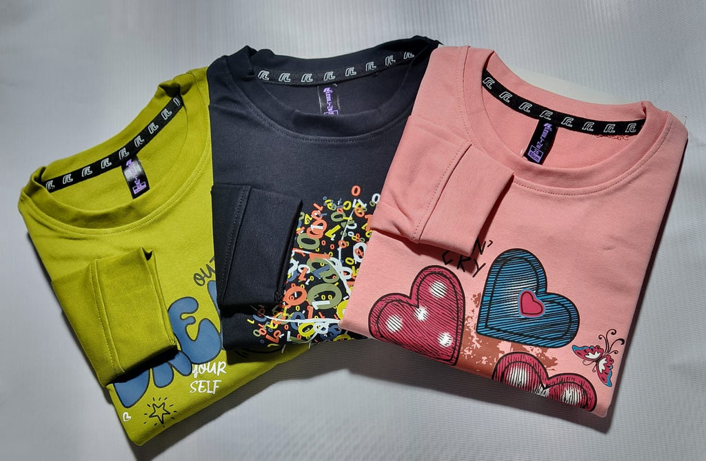 Girls Full Sleeves Regular Fit Solid Cotton T-Shirts(Pack of 3 - Pink, Back & Mehendi)