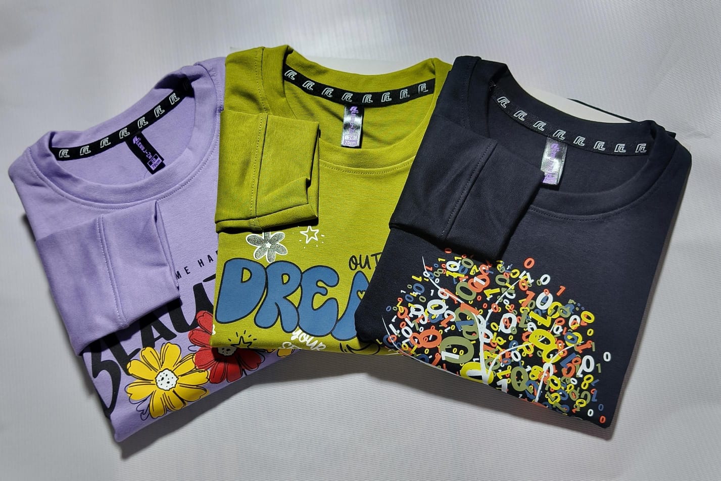 Girls Full Sleeves Regular Fit Solid Cotton T-Shirts(Pack of 3 - Lavender, black & Mehendi green)