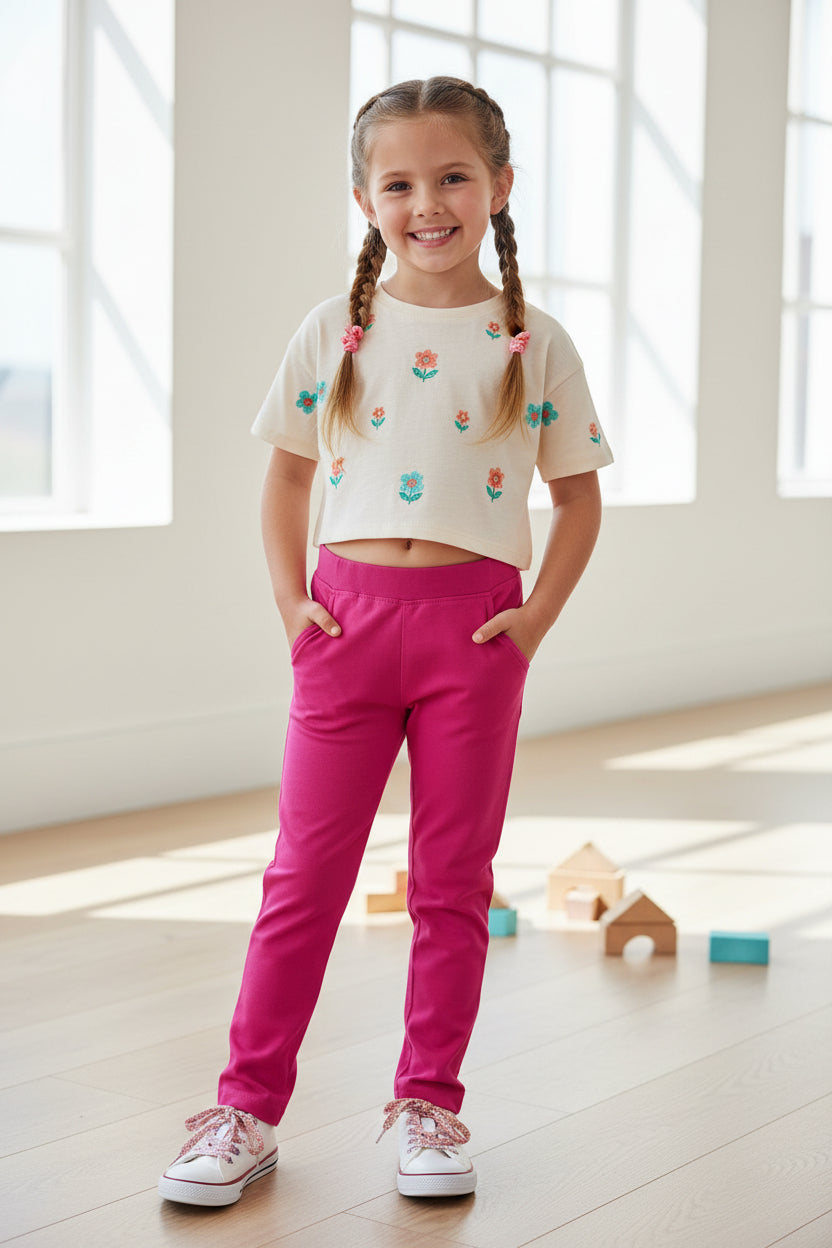 Girls Cotton Solid Smart  Pant with Waist Grip