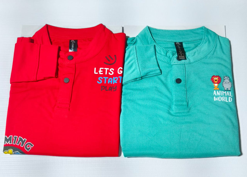 Boys and Girls Premium Front and Back Printed Y Neck Full-Sleeve T-shirts(Pack of 2 - Red & Blue)