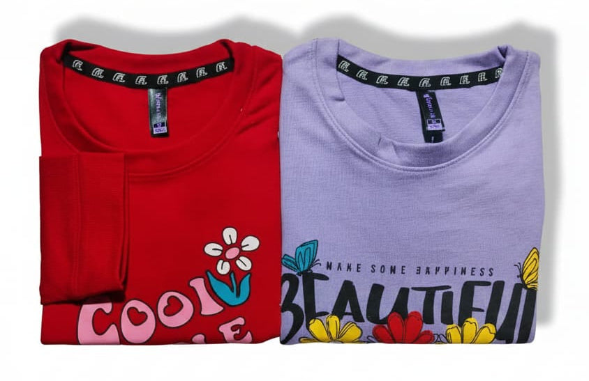 Girls Full Sleeves Regular Fit Solid Cotton T-Shirts(Pack of 2 - Red & Lavender)